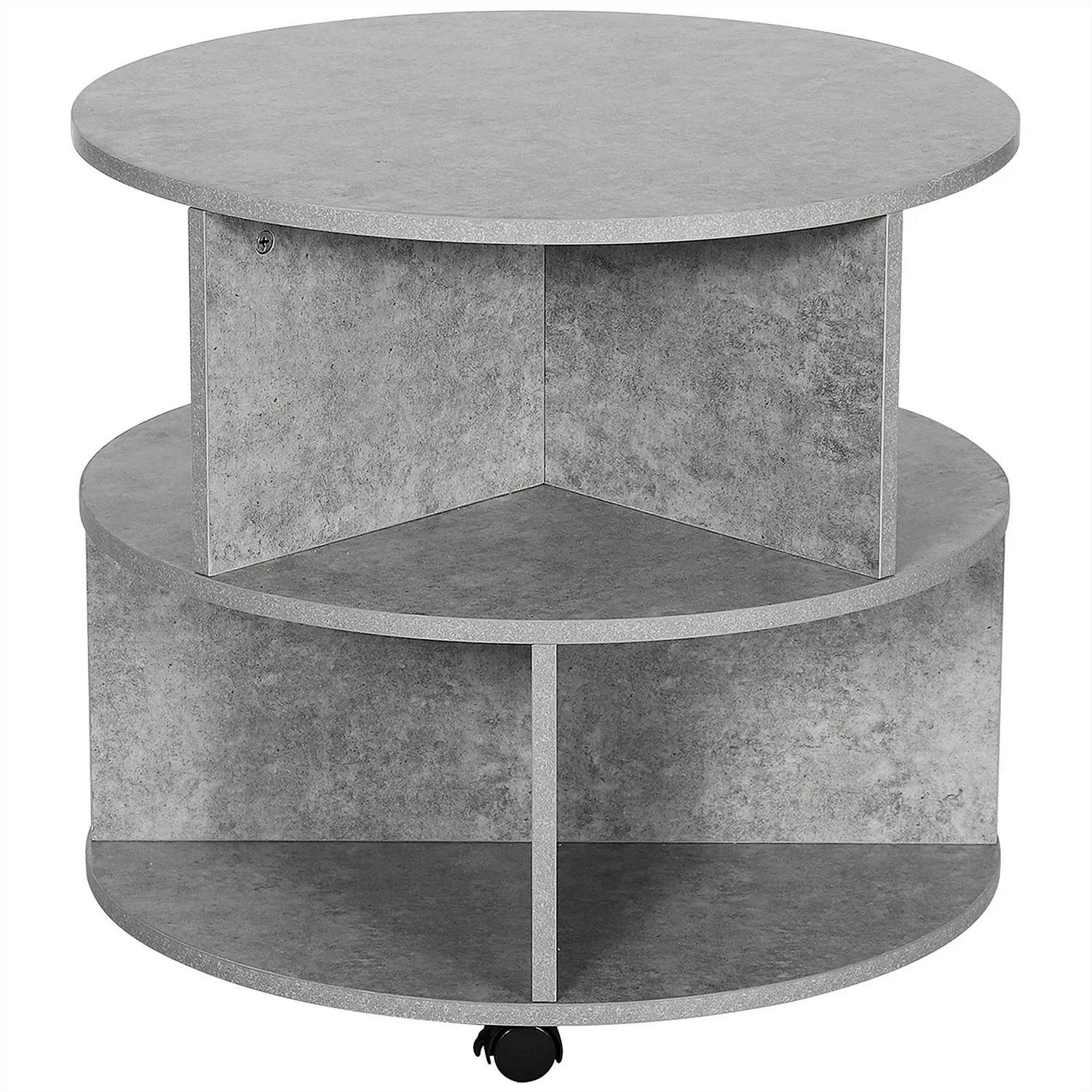 HOMCOM Round Coffee Table With Wheels, 3-Tier Rolling Side For Living Room Divided Shelves, Cement Colour