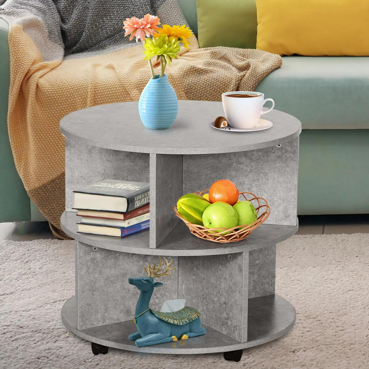 HOMCOM Round Coffee Table With Wheels, 3-Tier Rolling Side For Living Room Divided Shelves, Cement Colour
