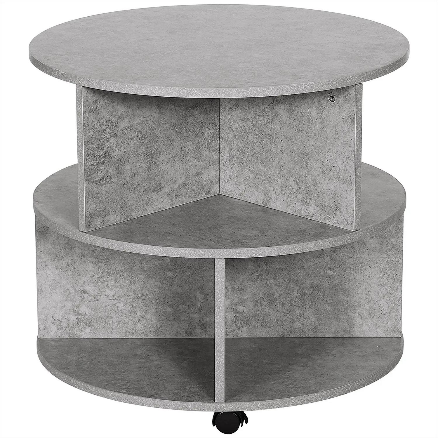 HOMCOM Round Coffee Table With Wheels, 3-Tier Rolling Side For Living Room Divided Shelves, Cement Colour