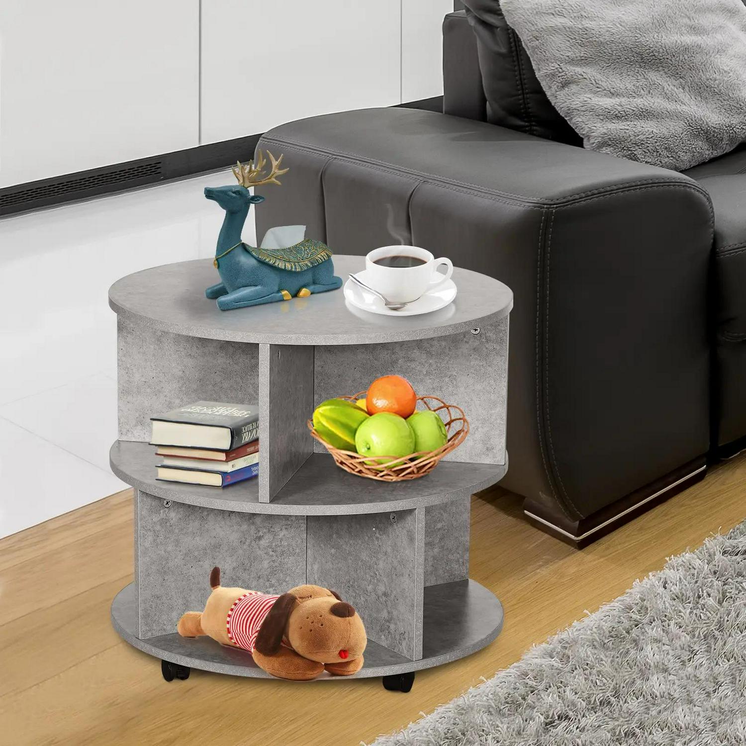 HOMCOM Round Coffee Table With Wheels, 3-Tier Rolling Side For Living Room Divided Shelves, Cement Colour