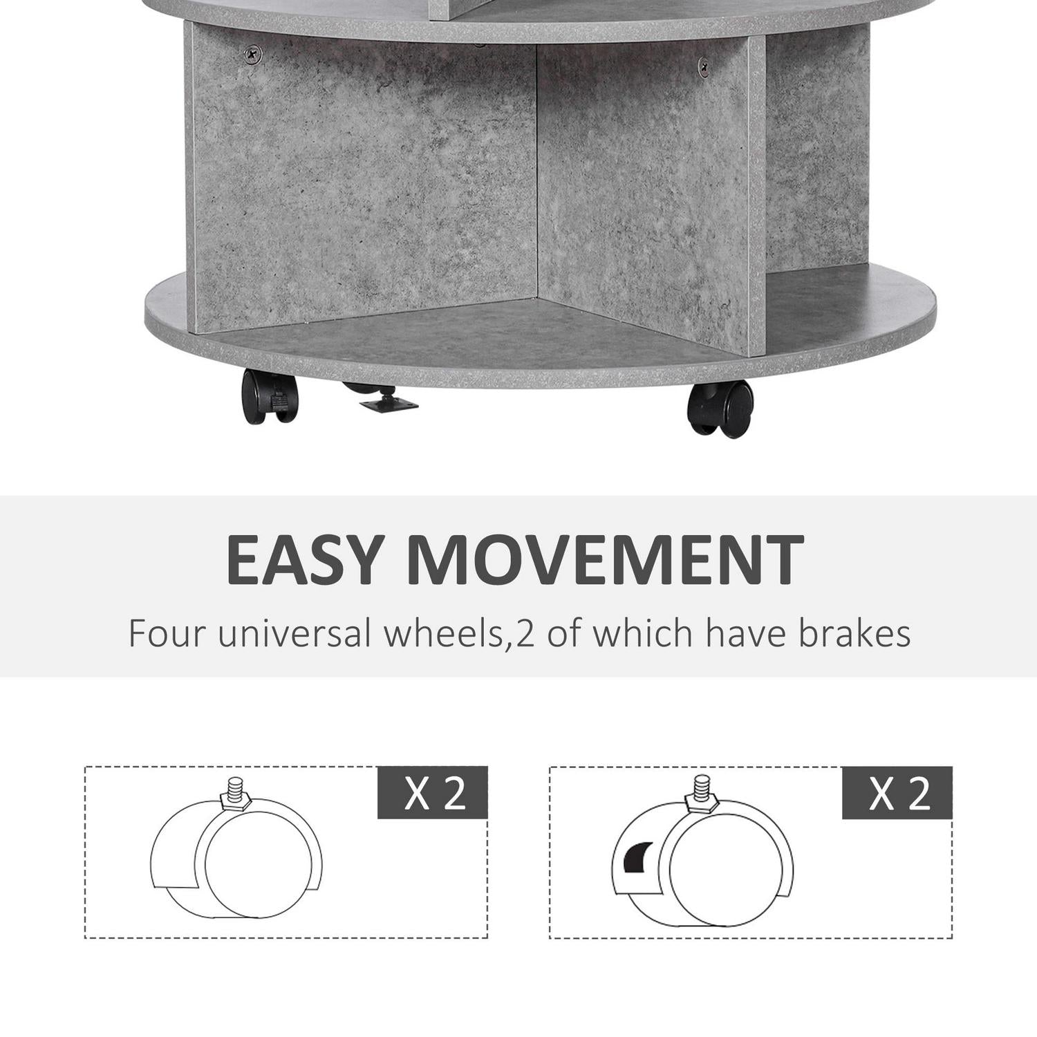 HOMCOM Round Coffee Table With Wheels, 3-Tier Rolling Side For Living Room Divided Shelves, Cement Colour