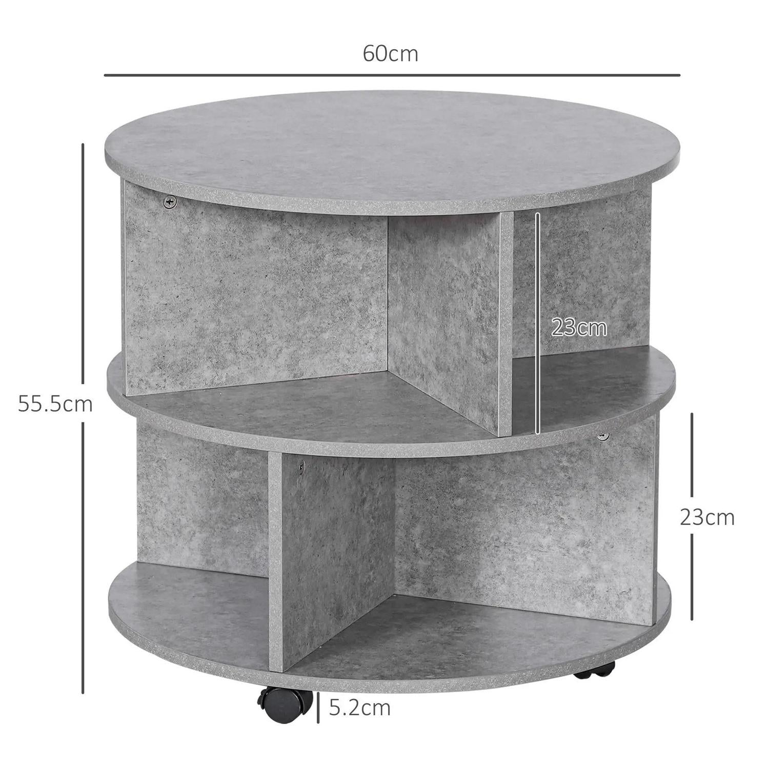 HOMCOM Round Coffee Table With Wheels, 3-Tier Rolling Side For Living Room Divided Shelves, Cement Colour
