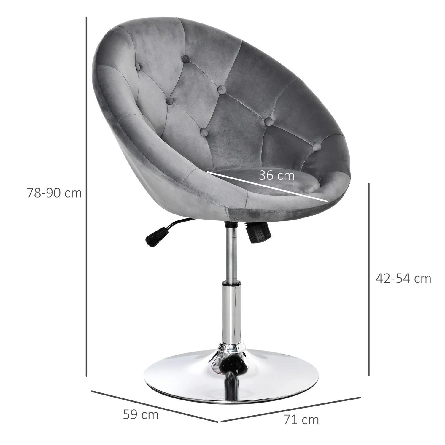 HOMCOM Swivel Dressing Stool, Velvet-feel Upholstered Vanity Chair, Adjustable Height Tub Makeup With Button Tufting And Thick Padding, Breakfast Dining Grey