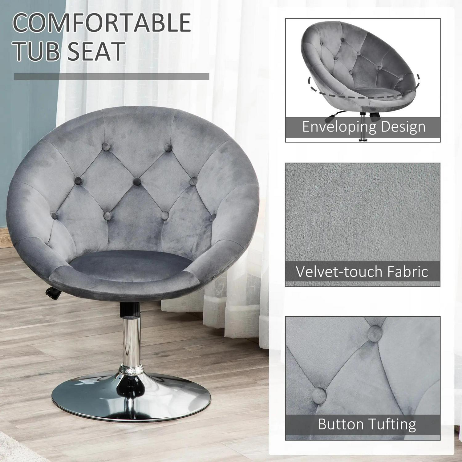 HOMCOM Swivel Dressing Stool, Velvet-feel Upholstered Vanity Chair, Adjustable Height Tub Makeup With Button Tufting And Thick Padding, Breakfast Dining Grey