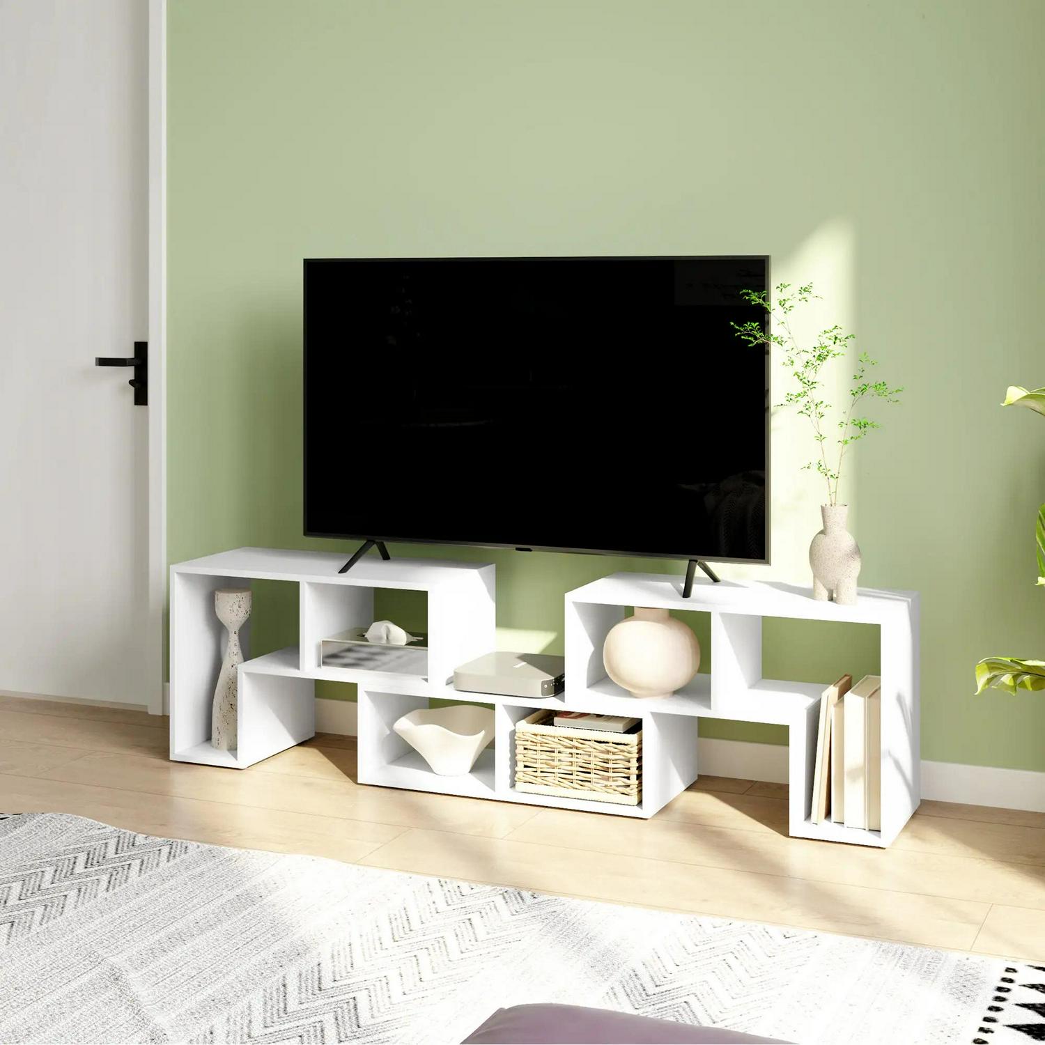 HOMCOM TV Stand For TVs Up To 75 Inches, Free Combination Unit With Storage Shelves, Extendable Entertainment Centre Living Room, White Wood Grain