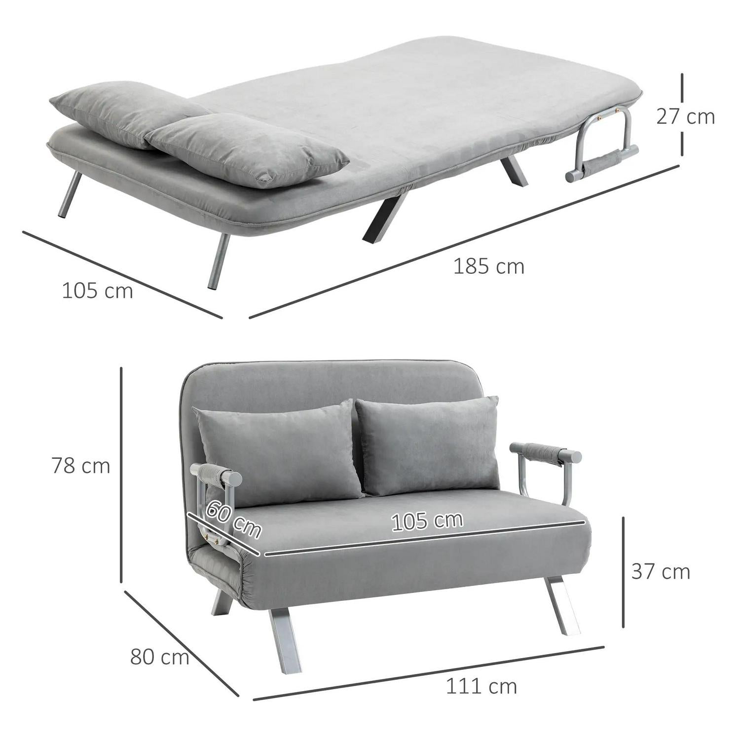 HOMCOM Two-Seater Click-Clack Sofa Bed, Chaise Lounges Home Furniture - Light Grey