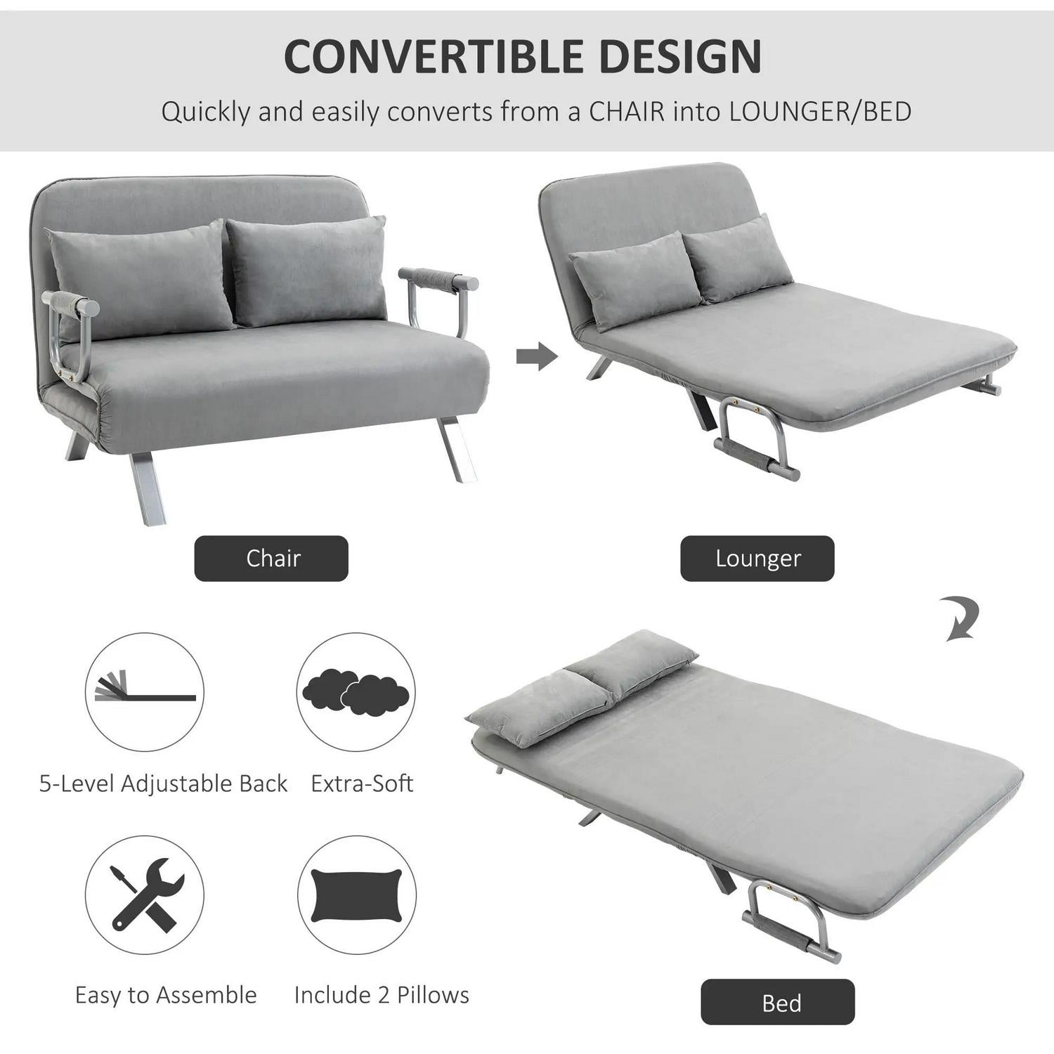 HOMCOM Two-Seater Click-Clack Sofa Bed, Chaise Lounges Home Furniture - Light Grey