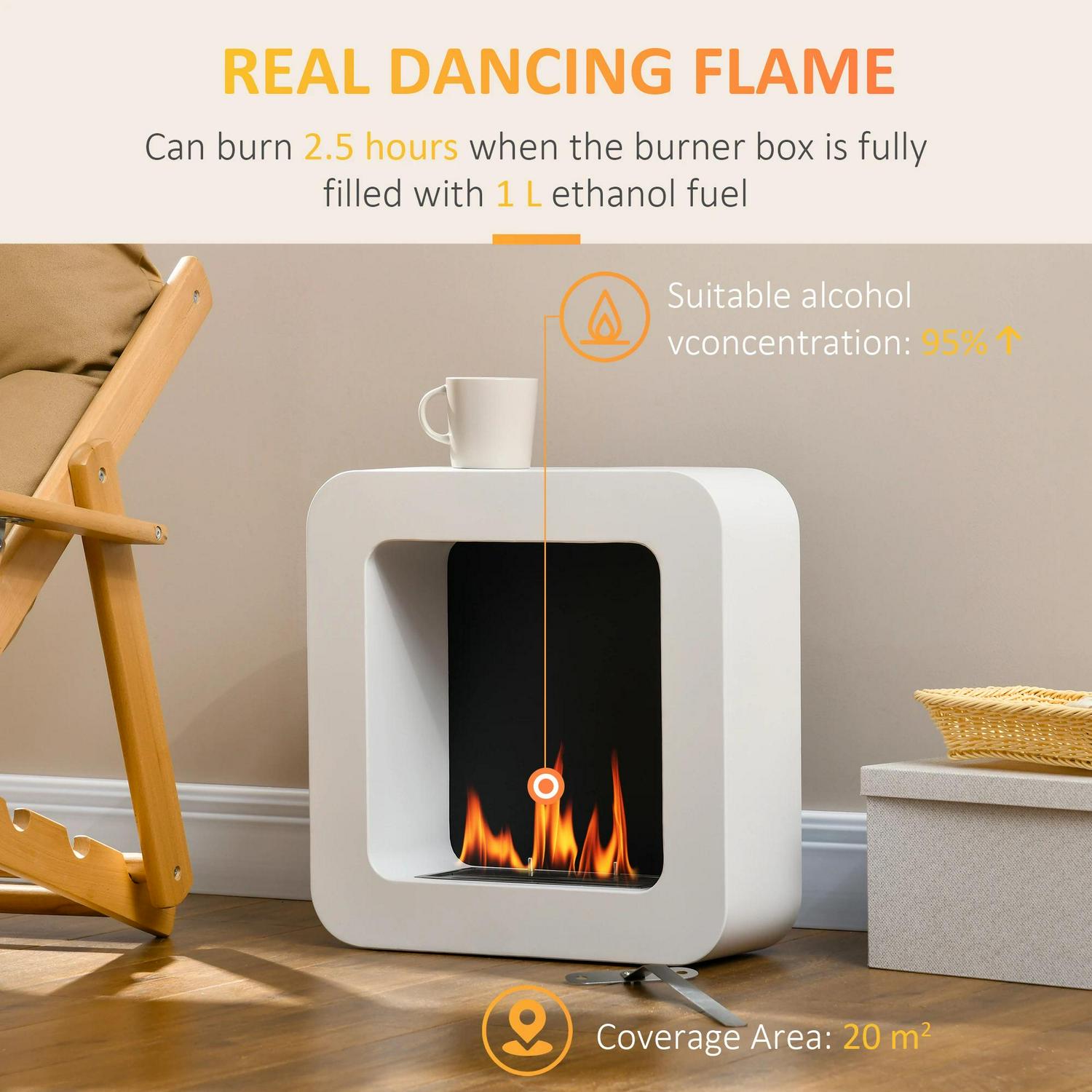 HOMCOM Wall Mounted Ethanol Fireplace, Bioethanol Heater Stove With 1L Tank, 2.5 Hour Burning Time, White