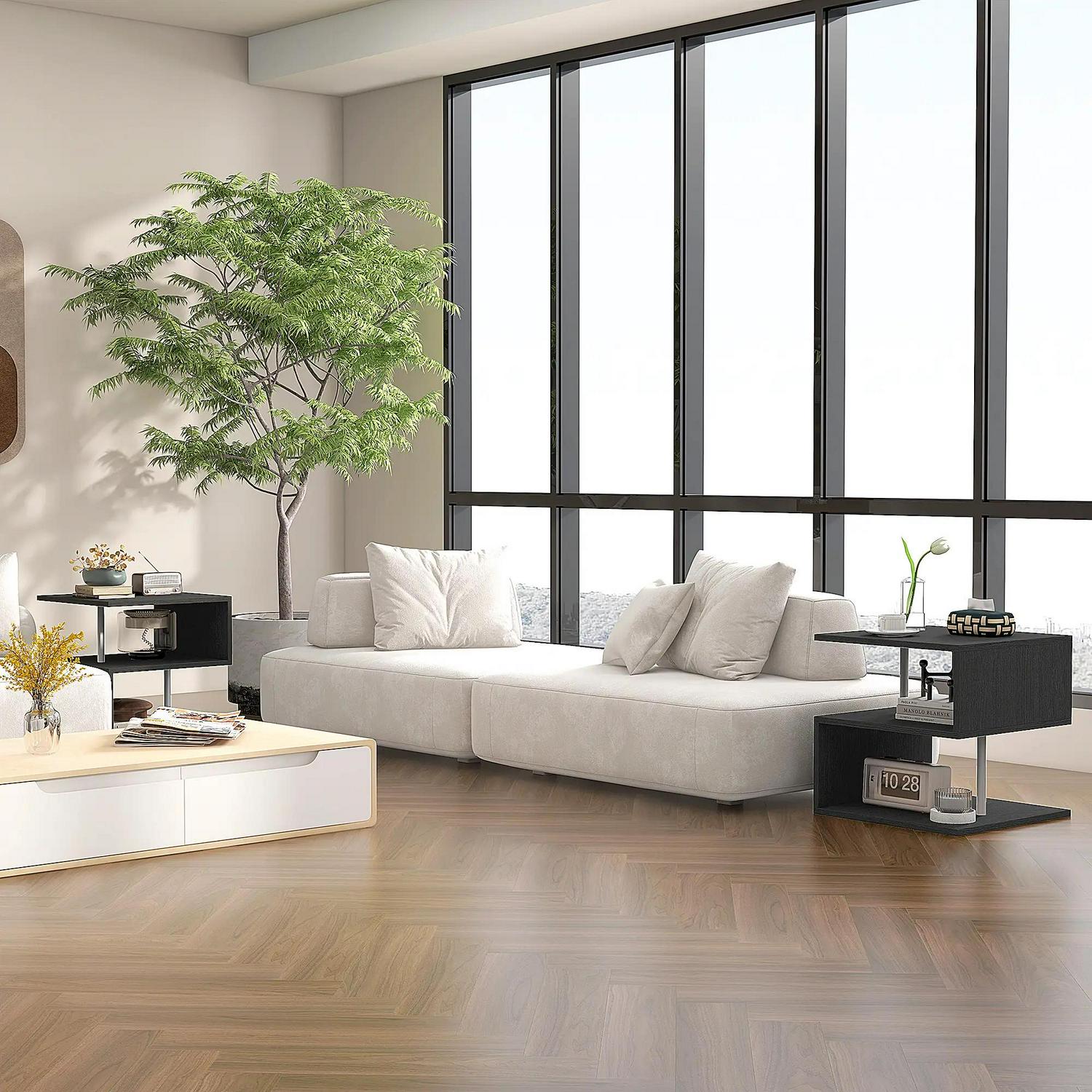 HOMCOM Wooden S Shape Cube Coffee Table 2 Tier Storage Shelves Organizer Office Bookcase Living Room End Desk Stand Display Set 2 (Black)