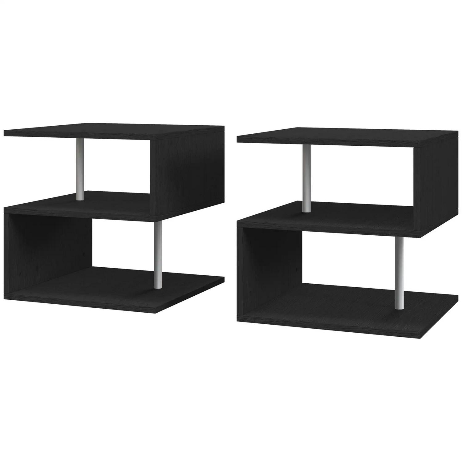HOMCOM Wooden S Shape Cube Coffee Table 2 Tier Storage Shelves Organizer Office Bookcase Living Room End Desk Stand Display Set 2 (Black)