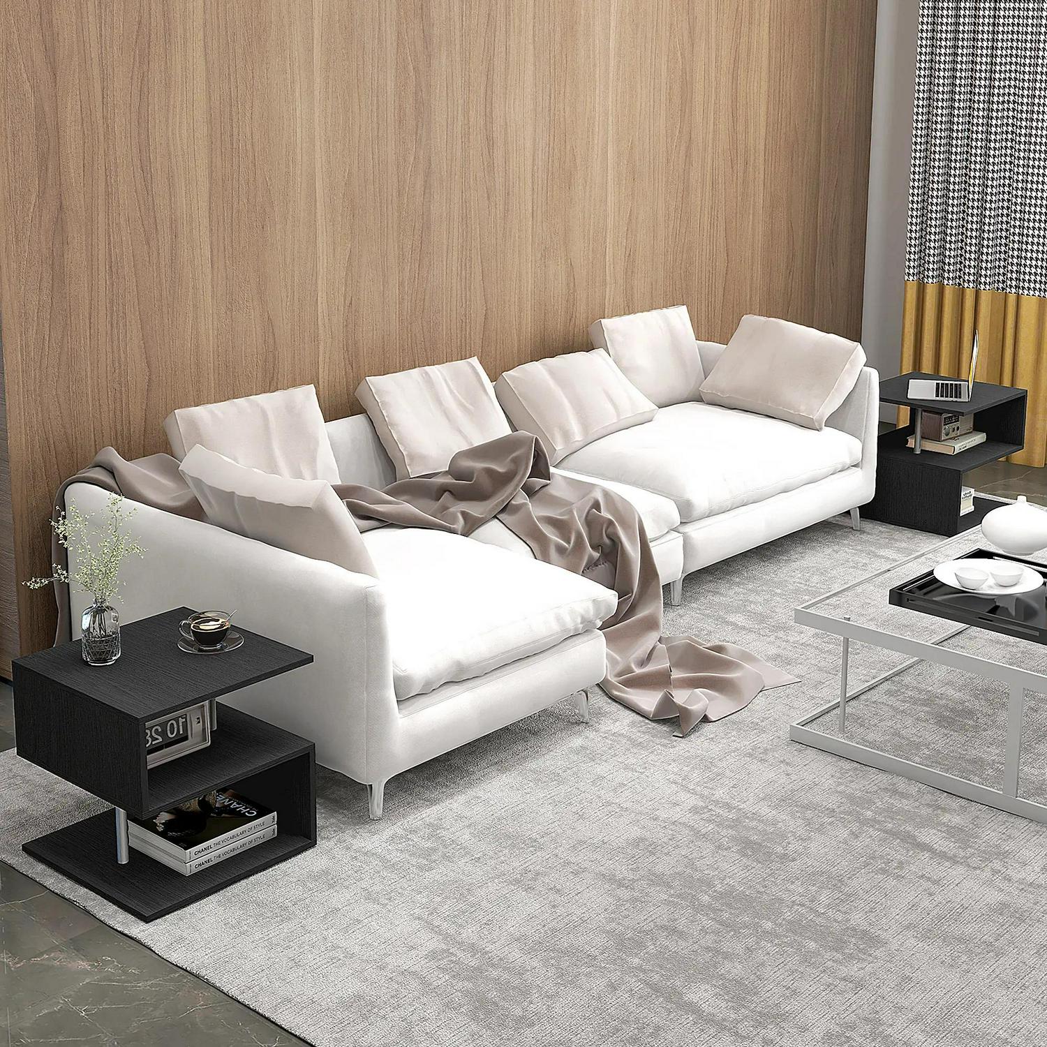 HOMCOM Wooden S Shape Cube Coffee Table 2 Tier Storage Shelves Organizer Office Bookcase Living Room End Desk Stand Display Set 2 (Black)