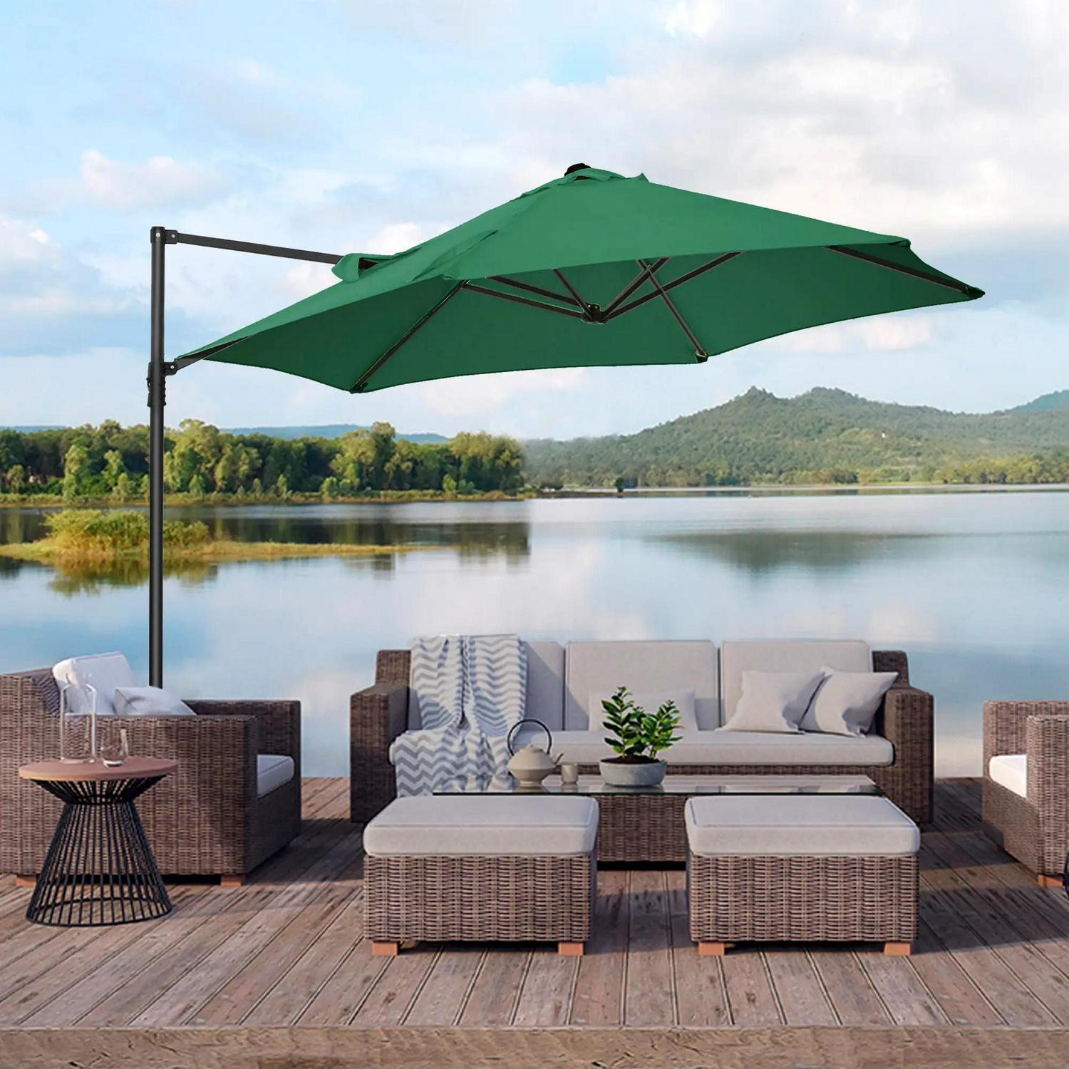 Outsunny 2.5M Garden Cantilever Parasol, Offset Roma Patio Umbrella Hanging Shade Canopy Shelter With 360° Rotation And Cross Base, Green