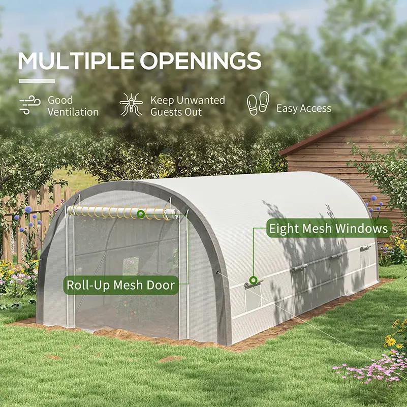 Outsunny 6 X 3(m) Polytunnel Greenhouse With Upgraded Structure, Mesh Door And Windows, 15 Plant Labels, White