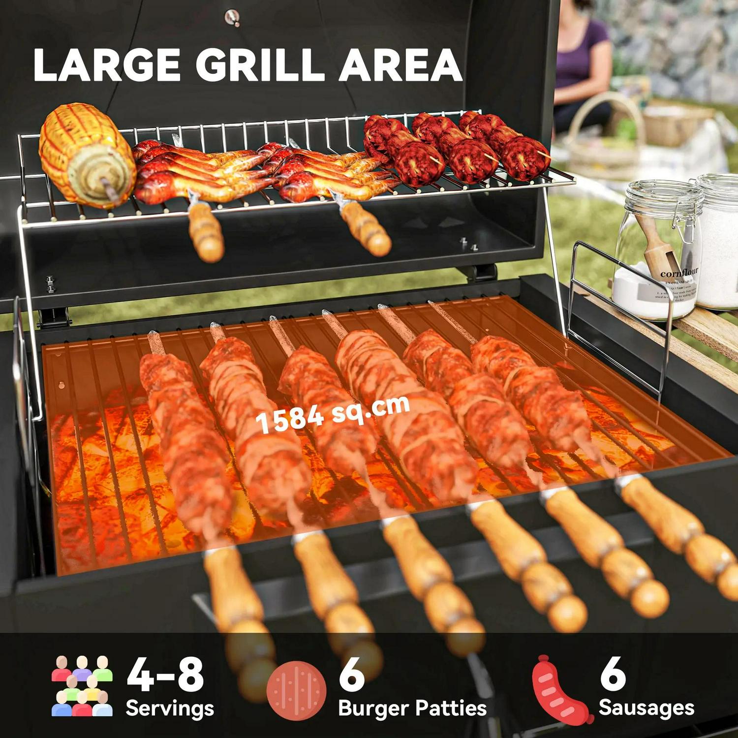Outsunny Charcoal BBQ Grill With Height Adjustable Pan, Portable Barbecue Smoker Warming Rack, 3 Shelves, Temperature Gauge, Wheels, Bottle Opener For Outdoor Cooking Garden Party