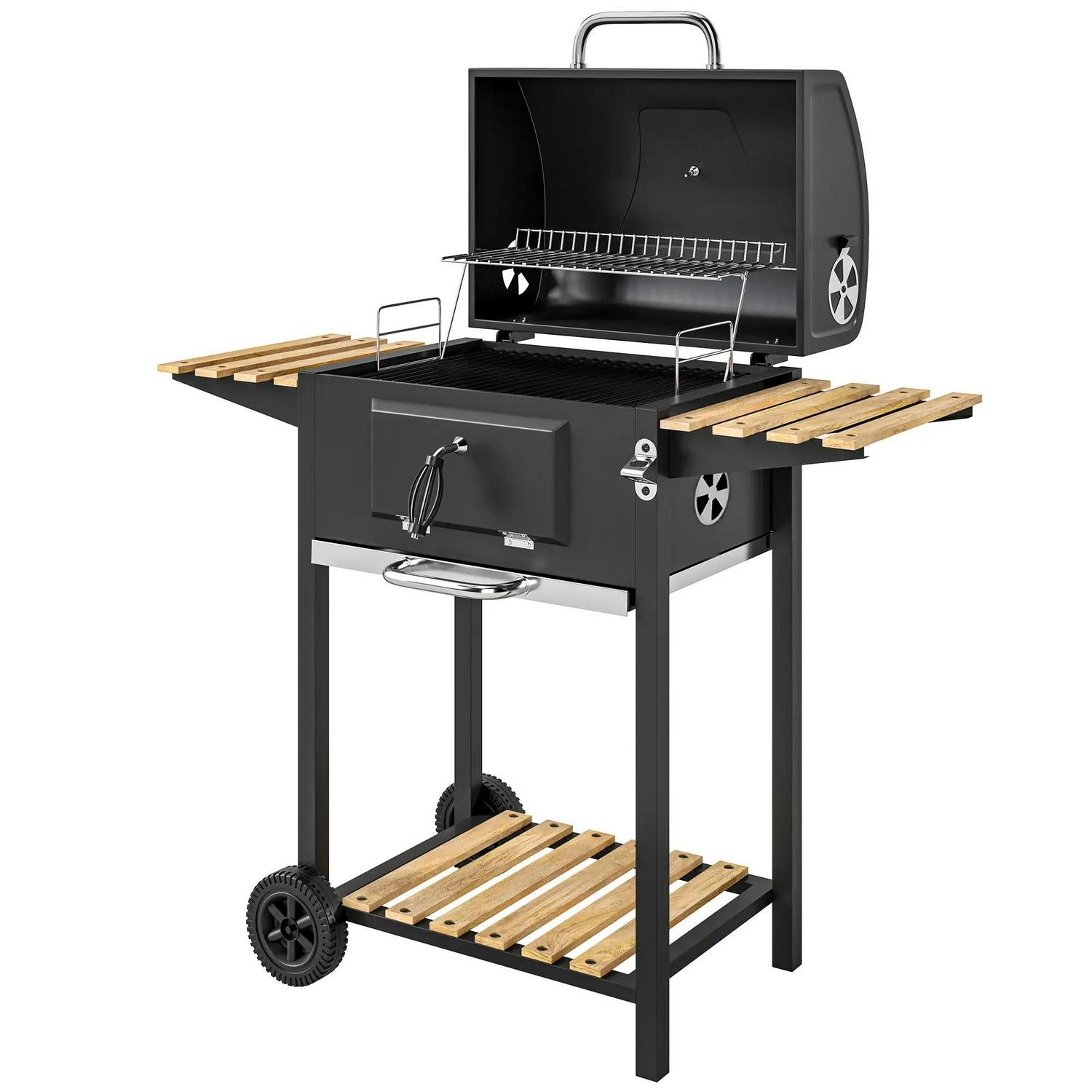 Outsunny Charcoal BBQ Grill With Height Adjustable Pan, Portable Barbecue Smoker Warming Rack, 3 Shelves, Temperature Gauge, Wheels, Bottle Opener For Outdoor Cooking Garden Party