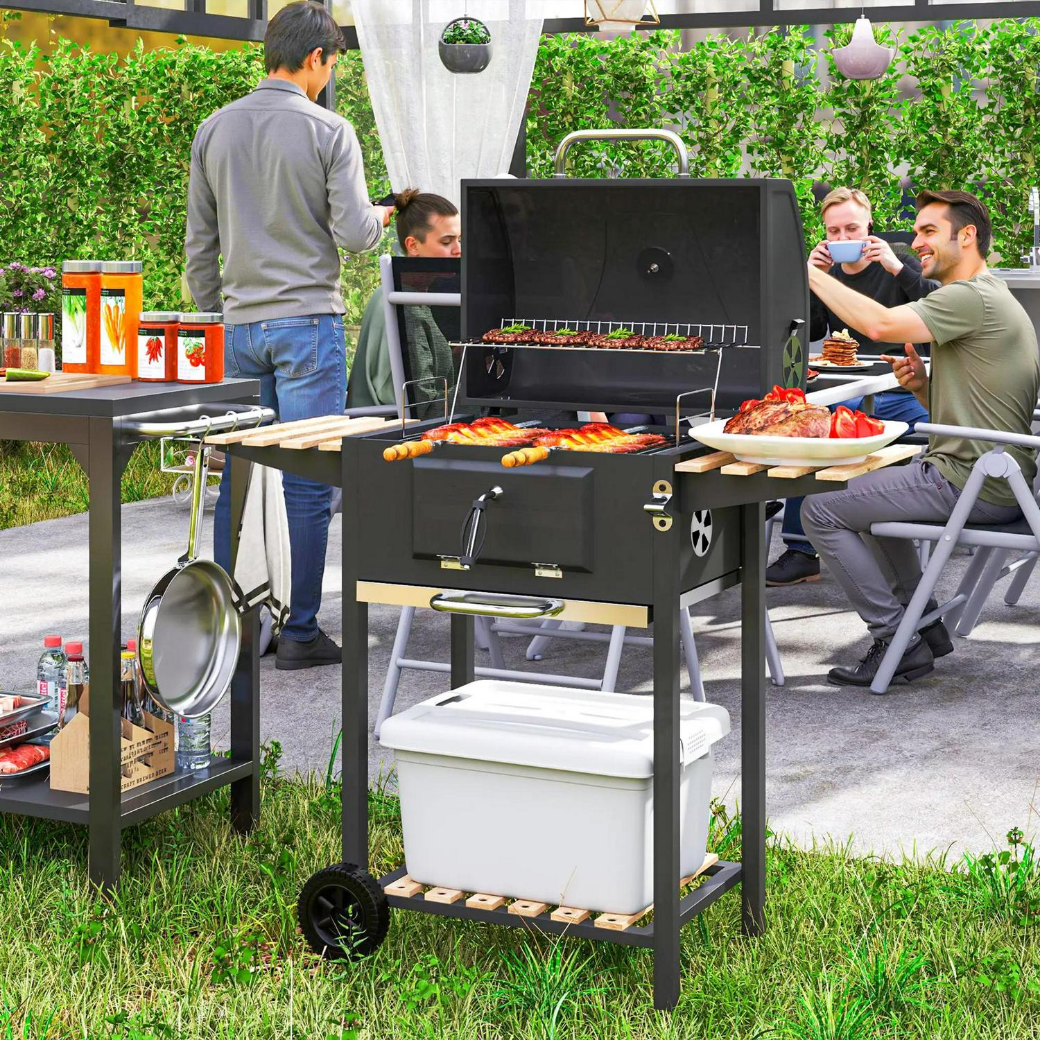 Outsunny Charcoal BBQ Grill With Height Adjustable Pan, Portable Barbecue Smoker Warming Rack, 3 Shelves, Temperature Gauge, Wheels, Bottle Opener For Outdoor Cooking Garden Party