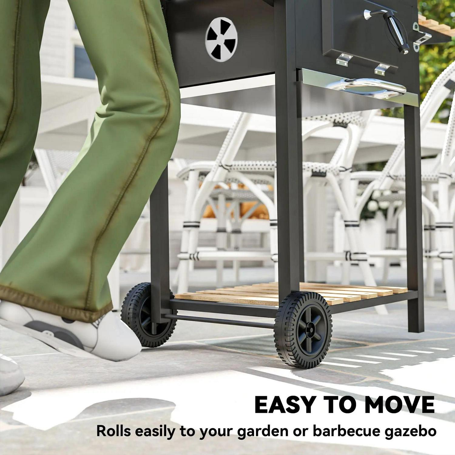 Outsunny Charcoal BBQ Grill With Height Adjustable Pan, Portable Barbecue Smoker Warming Rack, 3 Shelves, Temperature Gauge, Wheels, Bottle Opener For Outdoor Cooking Garden Party