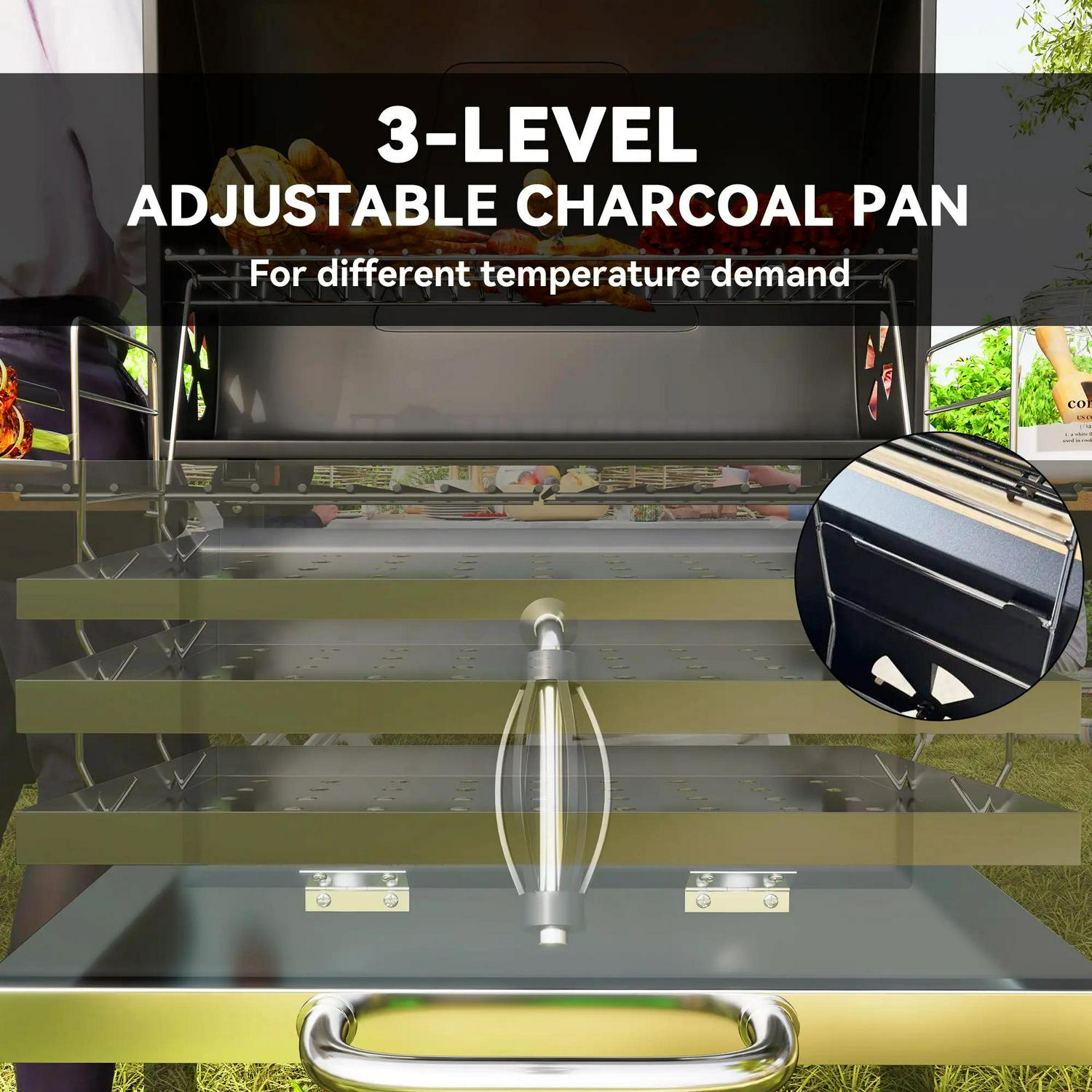 Outsunny Charcoal BBQ Grill With Height Adjustable Pan, Portable Barbecue Smoker Warming Rack, 3 Shelves, Temperature Gauge, Wheels, Bottle Opener For Outdoor Cooking Garden Party