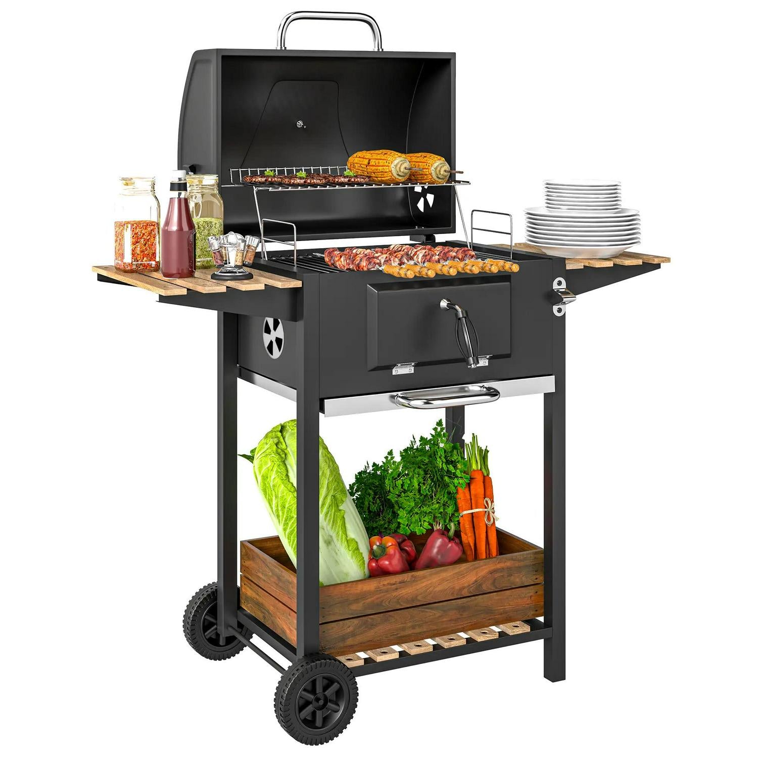Outsunny Charcoal BBQ Grill With Height Adjustable Pan, Portable Barbecue Smoker Warming Rack, 3 Shelves, Temperature Gauge, Wheels, Bottle Opener For Outdoor Cooking Garden Party