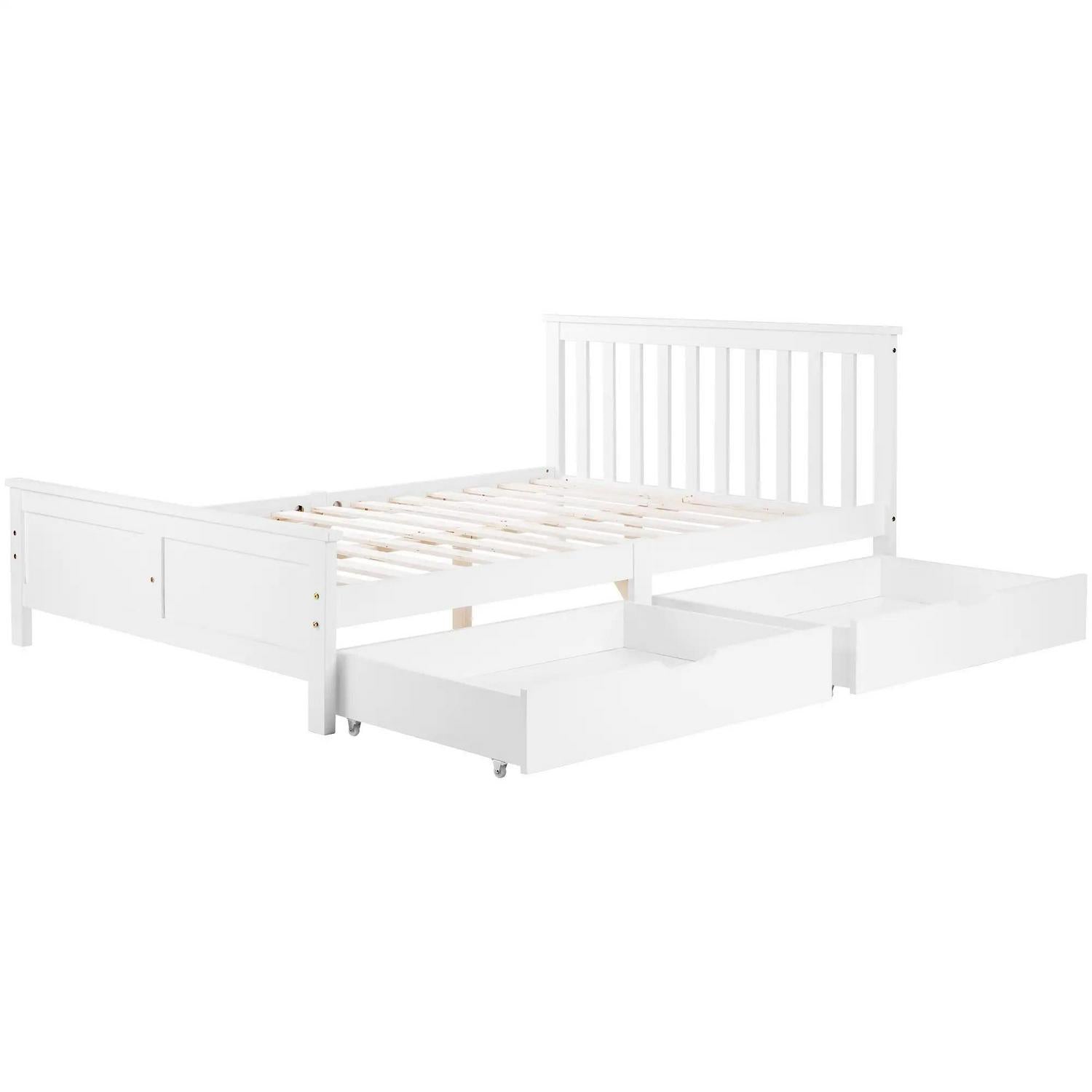 Wooden Solid Pine Divan Storage Bed With Drawers, Double Frame For Adults And Kids, 196x146x82 Cm, White