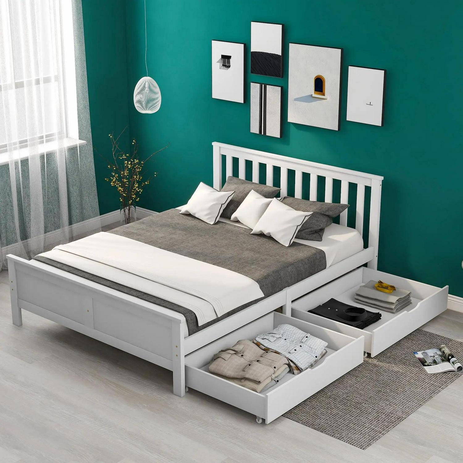 Wooden Solid Pine Divan Storage Bed With Drawers, Double Frame For Adults And Kids, 196x146x82 Cm, White