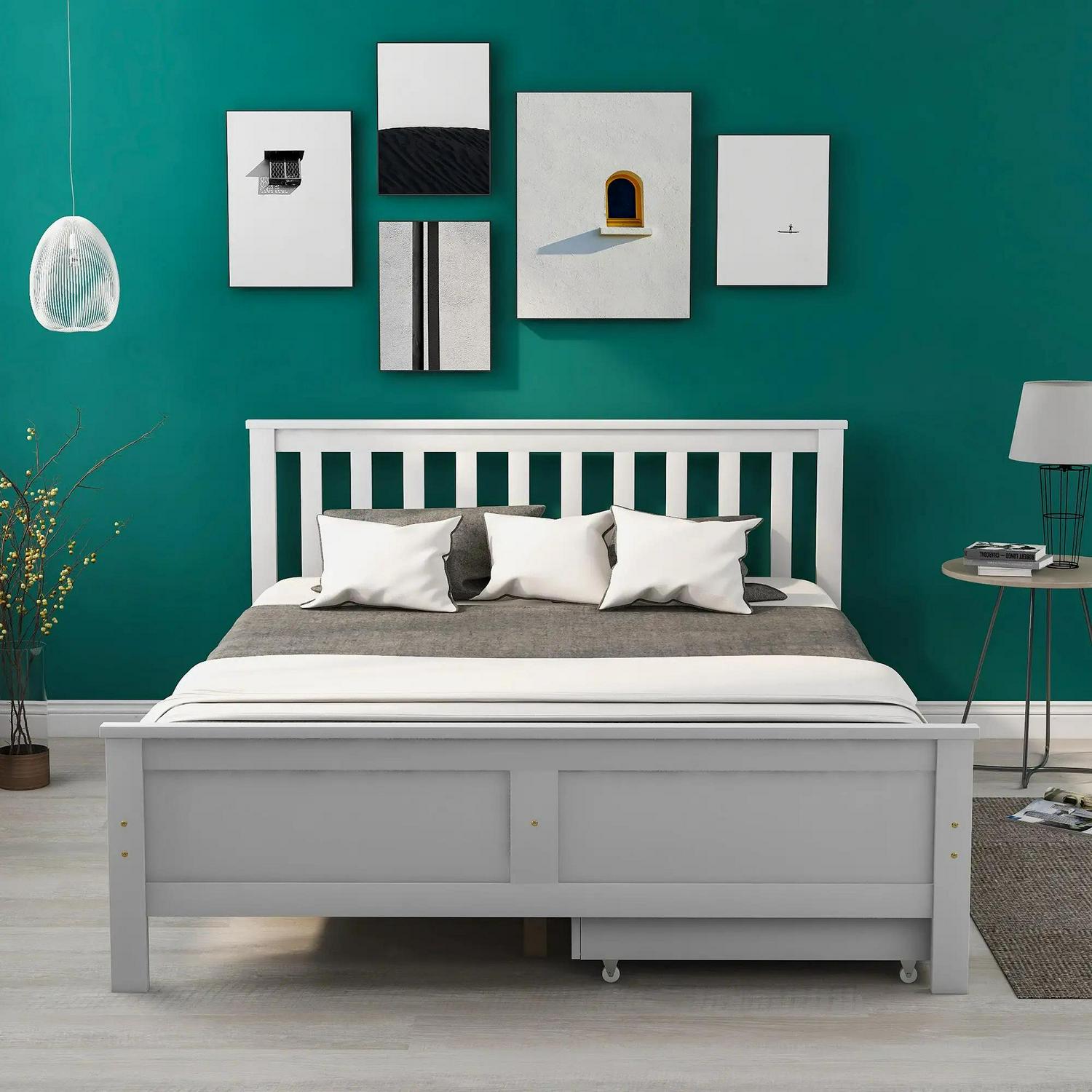 Wooden Solid Pine Divan Storage Bed With Drawers, Double Frame For Adults And Kids, 196x146x82 Cm, White