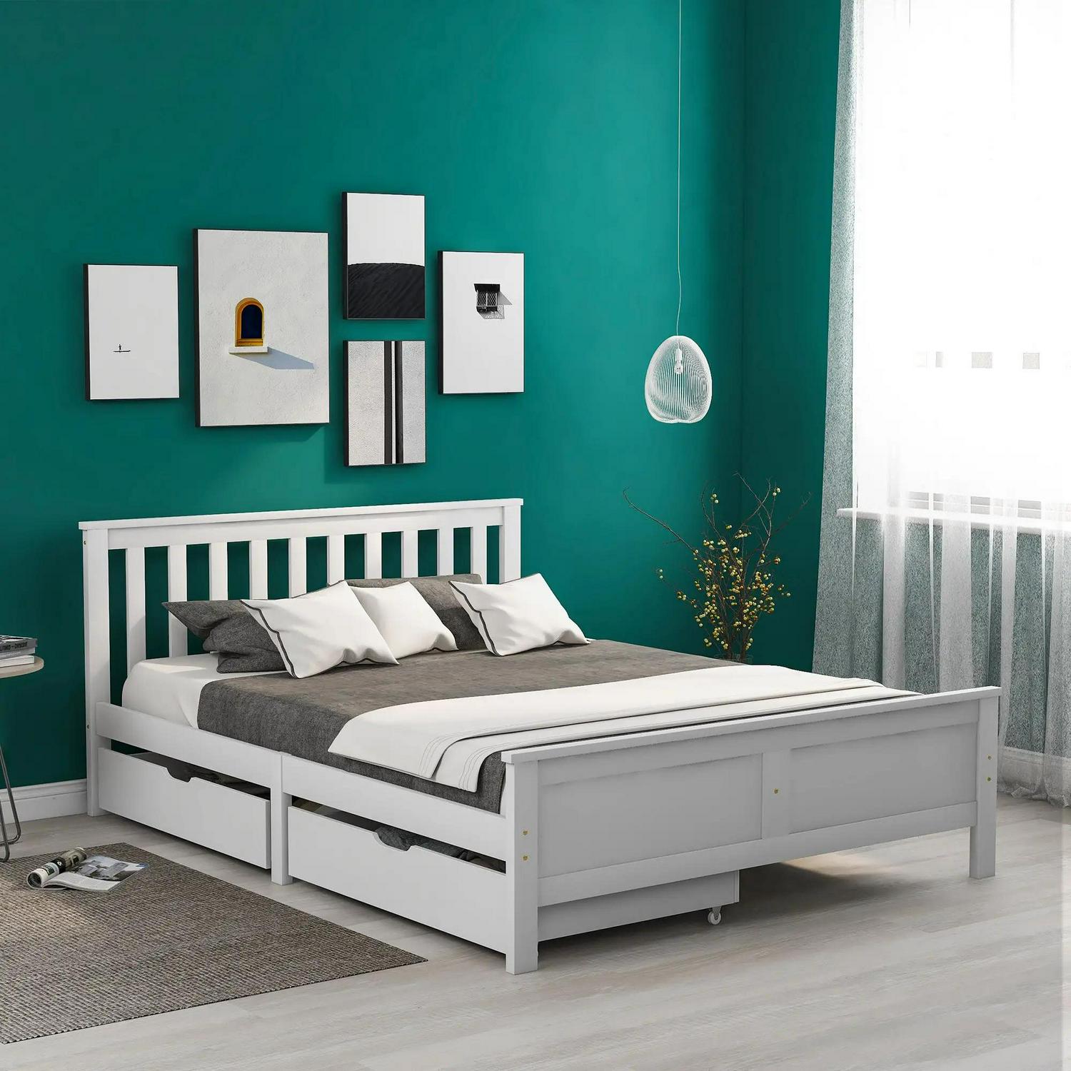 Wooden Solid Pine Divan Storage Bed With Drawers, Double Frame For Adults And Kids, 196x146x82 Cm, White
