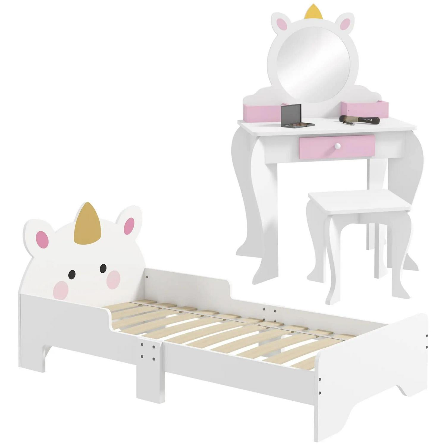 ZONEKIZ Kids Bedroom Furniture Set With Dressing Table Mirror And Stool, Toddler Frame For 3-6 Years, Unicorn Design