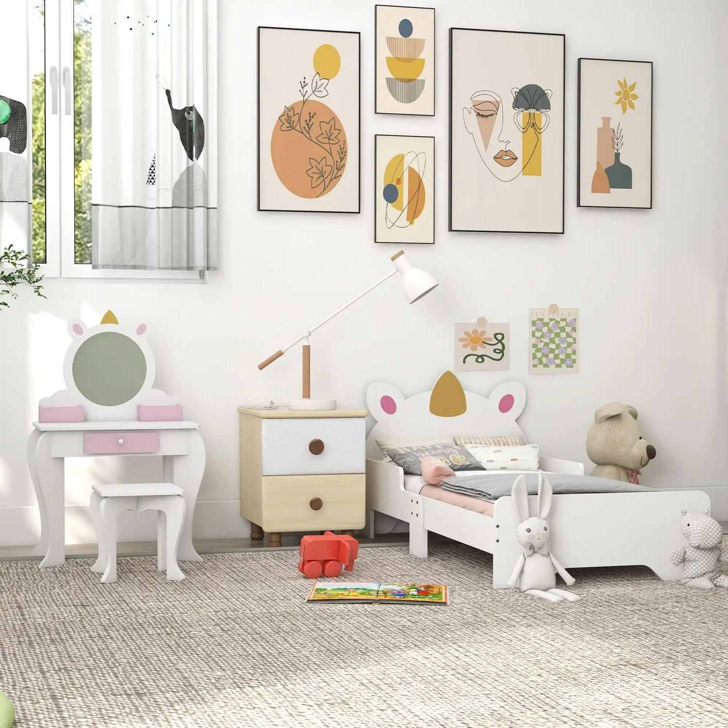 ZONEKIZ Kids Bedroom Furniture Set With Dressing Table Mirror And Stool, Toddler Frame For 3-6 Years, Unicorn Design