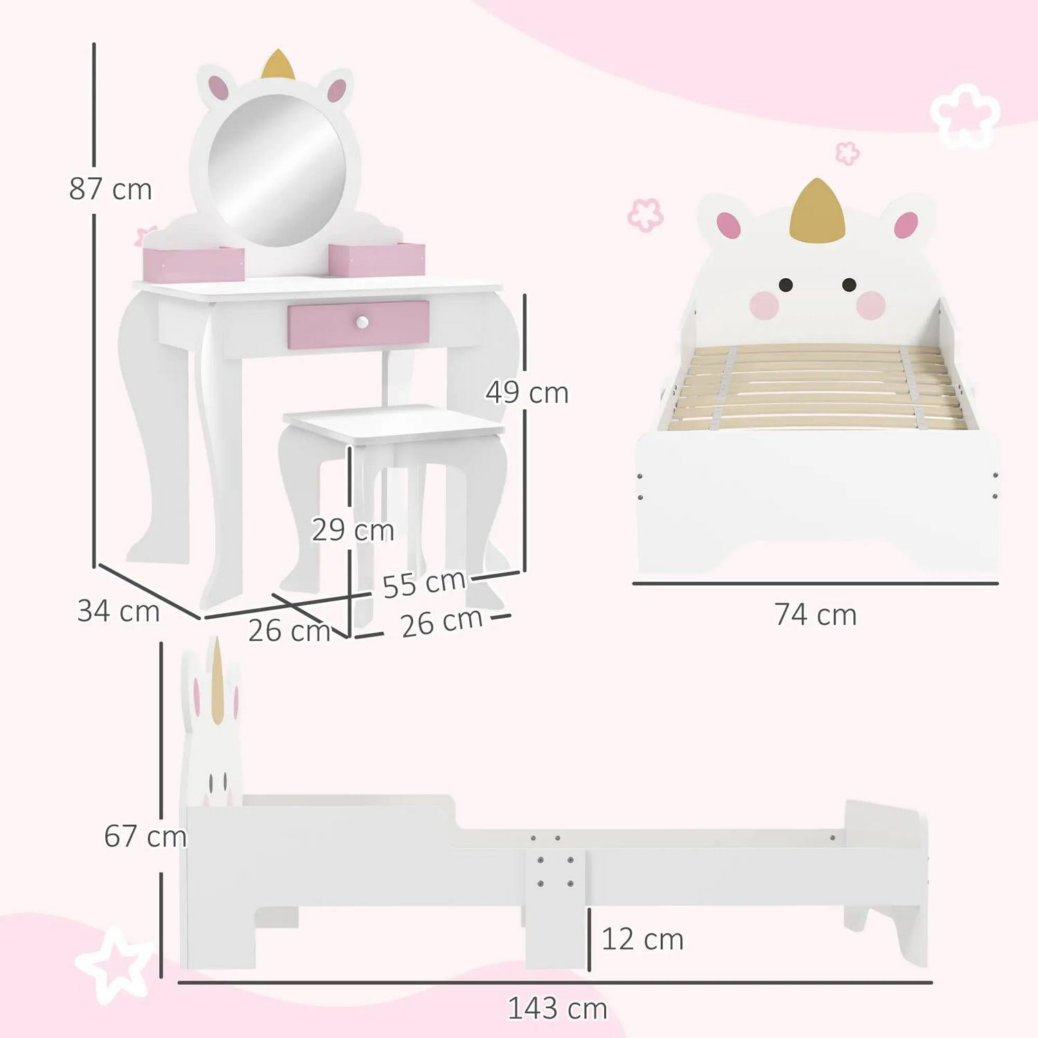 ZONEKIZ Kids Bedroom Furniture Set With Dressing Table Mirror And Stool, Toddler Frame For 3-6 Years, Unicorn Design