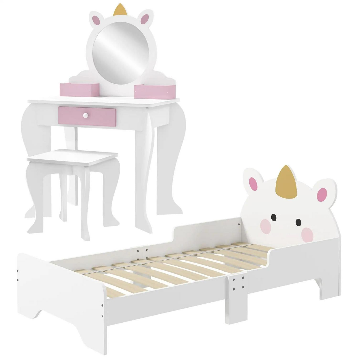 ZONEKIZ Kids Bedroom Furniture Set With Dressing Table Mirror And Stool, Toddler Frame For 3-6 Years, Unicorn Design