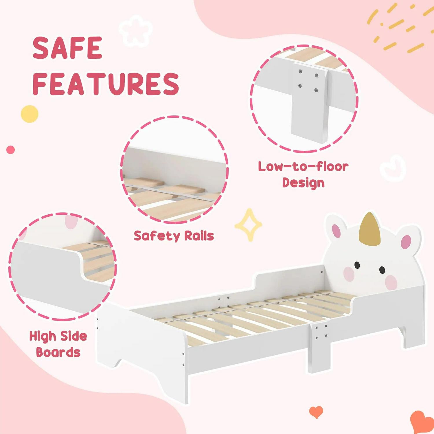 ZONEKIZ Kids Bedroom Furniture Set With Dressing Table Mirror And Stool, Toddler Frame For 3-6 Years, Unicorn Design