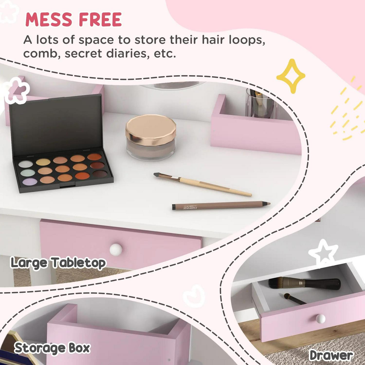 ZONEKIZ Kids Bedroom Furniture Set With Dressing Table Mirror And Stool, Toddler Frame For 3-6 Years, Unicorn Design