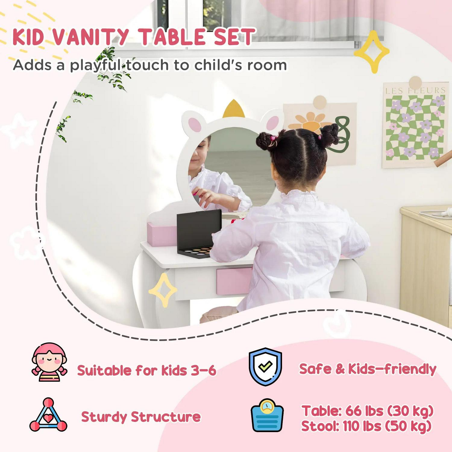 ZONEKIZ Kids Bedroom Furniture Set With Dressing Table Mirror And Stool, Toddler Frame For 3-6 Years, Unicorn Design