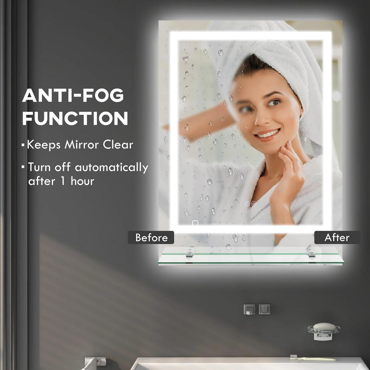 Kleankin LED Bathroom Mirror With Lights And Shelf, Illuminated Makeup Vanity 3 Colour, Smart Touch, Anti-Fog