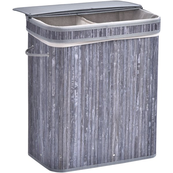 100L 2-Compartment Bamboo Laundry Basket Grey