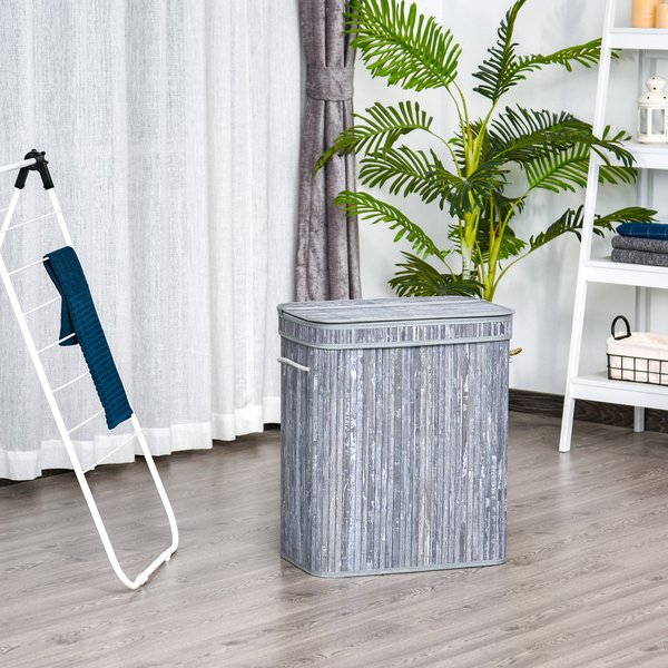 100L 2-Compartment Bamboo Laundry Basket Grey