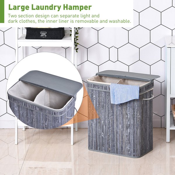 100L 2-Compartment Bamboo Laundry Basket Grey