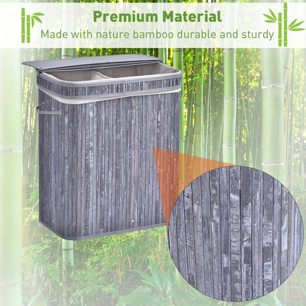 100L 2-Compartment Bamboo Laundry Basket Grey