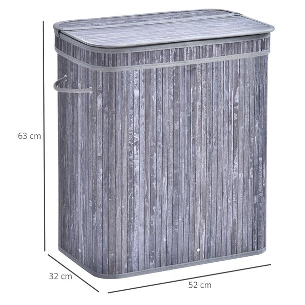 100L 2-Compartment Bamboo Laundry Basket Grey