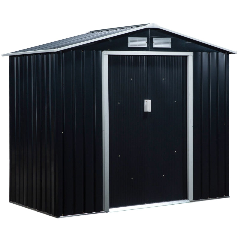 Lockable Garden Shed Large Patio Roofed Tool Metal Storage Building Foundation Sheds Box Outdoor Furniture, 7ft 4ft, Dark Grey