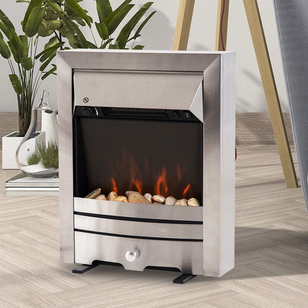 2KW Stainless Steel LED Flame Electric Fireplace Pebble Burning Effect Heater
