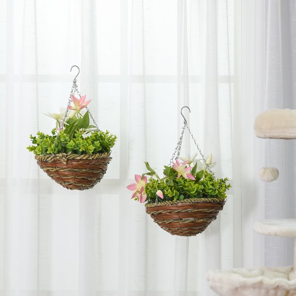 2 PCs Artificial Clematis Flower Hanging Planter Basket For Indoor Outdoor Décor