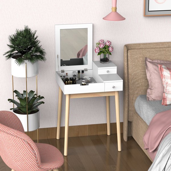 2 In 1 Dressing Table With Flip-up Mirror, MDF, Pine-White