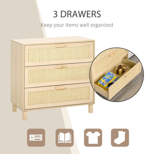 Wooden 3-Drawer Storage Unit Cupboard Freestanding Cabinets - Natural Wood