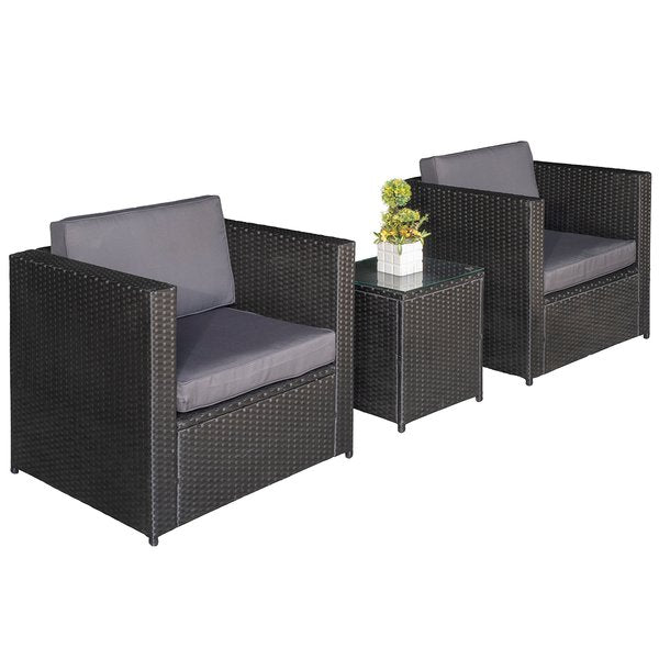 3 PCS Rattan Sofa Furniture Set W/Cushions, Steel Frame - Black