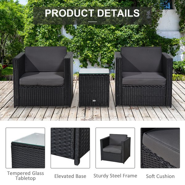 3 PCS Rattan Sofa Furniture Set W/Cushions, Steel Frame - Black