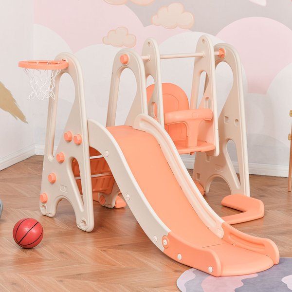 3-In-1 Design Kids Swing And Slide Set With Basketball Hoop - Pink