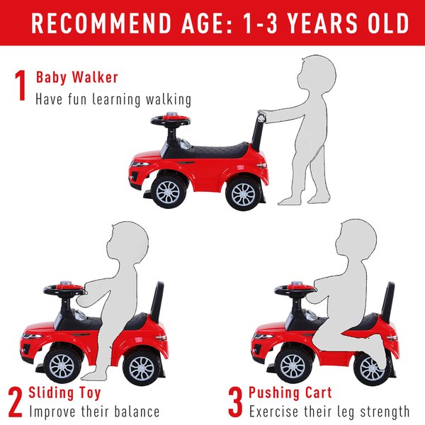 3-in-1 Ride-On Car Walker Stroller Push-Along W/ Horn Wheel - Red