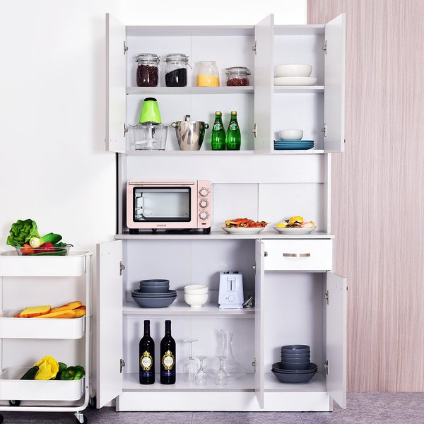 4-Door Wooden Kitchen Pantry Cupboard Storage Cabinet W/ Drawer And Shelves - White